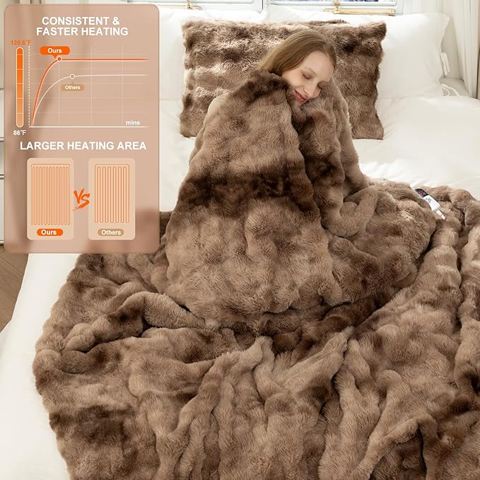 Faux Fur Queen Size Heated Blanket 84"X90" - Bubble Faux Fur Electric Blanket Fluffy Soft Fuzzy with 6 Heating Levels & 10 hrs Timer Settings, Washable & ETL Certified for Bed, Tie-Dye Brown
