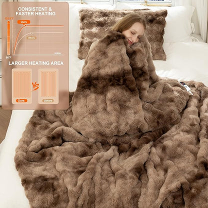 Faux Fur Queen Size Heated Blanket 84"X90" - Bubble Faux Fur Electric Blanket Fluffy Soft Fuzzy with 6 Heating Levels & 10 hrs Timer Settings, Washable & ETL Certified for Bed, Tie-Dye Brown
