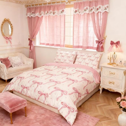 Cartoon Bowknot Girls Duvet Cover Set Full Size Kids Bow Tie Princess Bedding Sets 3Pcs for Child Girly Woman Room Decor, Butterfly Knot Quilt Cover with 2 Pillowcases (No Comforter) Pink