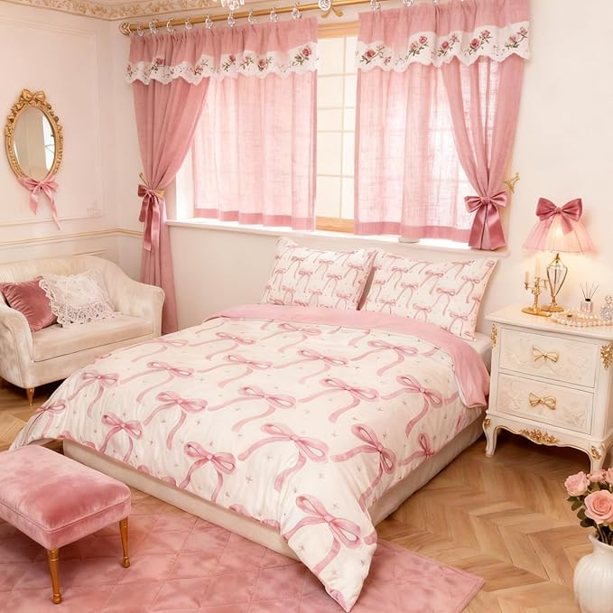 Cartoon Bowknot Girls Duvet Cover Set Twin Size Kids Bow Tie Princess Bedding Sets 2Pcs for Child Girly Woman Room Decor, Butterfly Knot Comforter Cover with 1 Pillowcase (No Comforter) Pink
