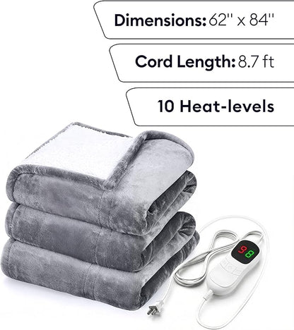 Heated Blanket Electric Throw 50"x60" – Safe Electric Heating Blanket with Auto Shut-Off & Overheat Protection, 10 Heat Settings, Washable Heated Throw for Couch, Bed, Office & Dorm