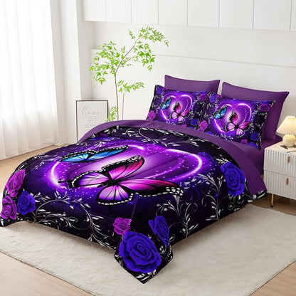 Purple Butterfly Comforter Set 7 Piece Queen Size Bed in A Bag,Dreamy Butterfly Bedding for Girls Room Decor,Soft Microfiber Comforter with Fitted Sheet,Flat Sheet, Pillowcases & Shams