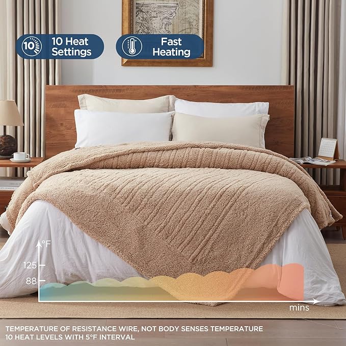 Westinghouse Electric Blanket King Size, Soft Plush Sherpa Heated Blanket with 10 Heating Levels & 1-12 Hours Auto-Off, Machine Washable, 100x90 inches, Camel