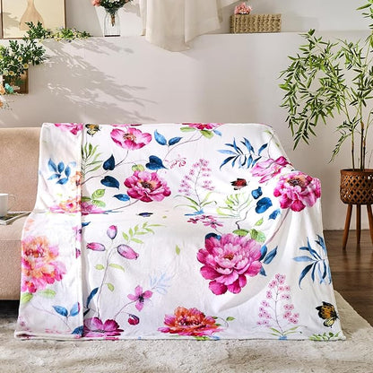Floral Throw Blanket Birthday Gift for Women Mom Girls Peony Flowers Blanket Summer Wildflower Flannel Blanket Watercolor Printed Throw for Couch Sofa Bed Chair 60"x80"