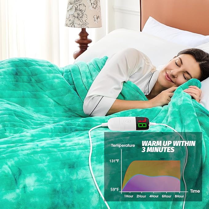 greenoak Heated Electric Blanket Throw, Faux Fur Sherpa Heating Blanket for Sofa Bed, Warm Winter Gifts for Women/Her, Heater Lap Blankets 5-Position Timer &10 Heating Levels 50''*60" Aqua