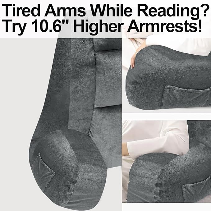 RRPAHWTV Reading Pillow for Bed with High Arm Rests,Back Support Pillow for Sitting Up in Bed with Shredded Memory Foam for Reading, TV, Gaming or Relaxing on Floor（Grey，Small）