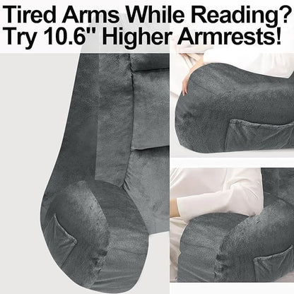 RRPAHWTV Reading Pillow for Bed with High Arm Rests,Back Support Pillow for Sitting Up in Bed with Shredded Memory Foam for Reading, TV, Gaming or Relaxing on Floor（Grey，Small）