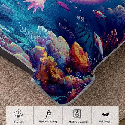 AILONEN Cartoon Axolotl Quilt Set Twin Size,Underwater World Ocean Animal Bedspread Coverlet,3Pcs Pink Axolotl Printed Kawaii Quilt & 2 Pillowcases,Soft Lightweight