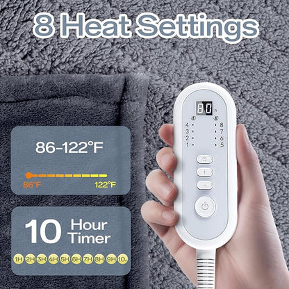 Electric Blanket Heated Twin Size-62" x 84" Heated Blanket with 8 Heat Levels & 10 Hours Auto Off, Fast Heating Flannel Blankets Machine Washable with ETL & FCC Certified, Light Grey