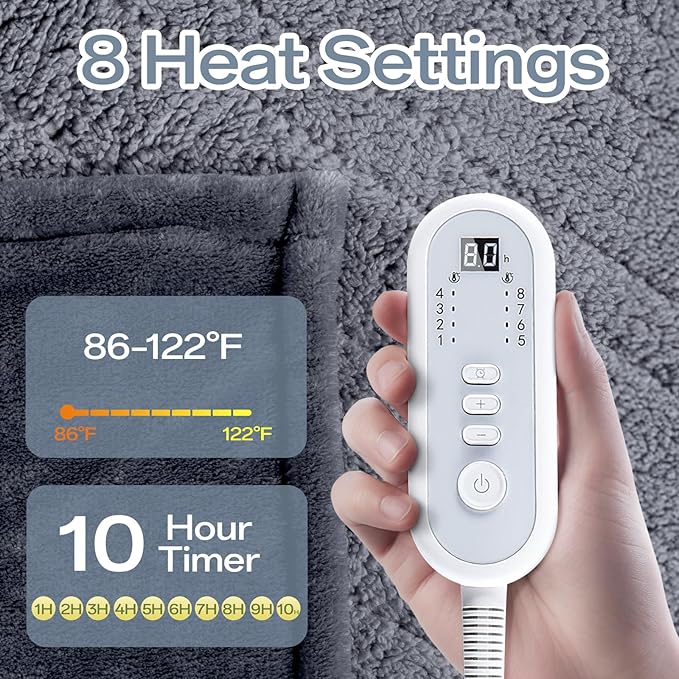 Full Size Electric Blanket Heated, Double-Sided Flannel＆Sherpa Heated Blanket with 8 Heat Levels & 10 Hours Auto Off, Fast Heating Blankets Machine Washable with ETL & FCC Certified,Light Grey