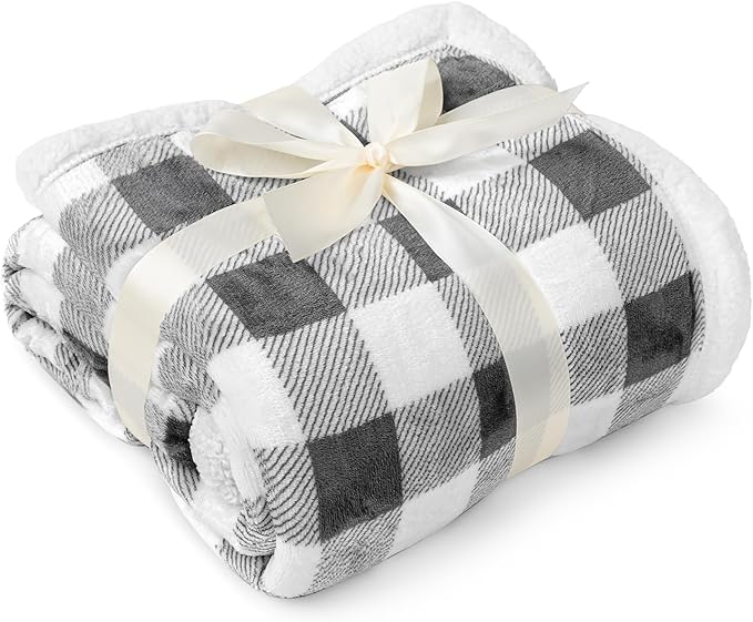 PAVILIA Light Grey Buffalo Plaid Sherpa Throw Blanket for Couch Twin, Soft Fuzzy Flannel Blanket for Bed, Plush Checkered Fleece Blanket and Throws, Warm Thick Winter Blanket Gift, 60x80