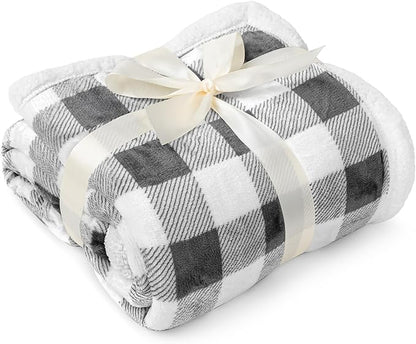 PAVILIA Light Grey Buffalo Plaid Sherpa Throw Blanket for Couch Twin, Soft Fuzzy Flannel Blanket for Bed, Plush Checkered Fleece Blanket and Throws, Warm Thick Winter Blanket Gift, 60x80