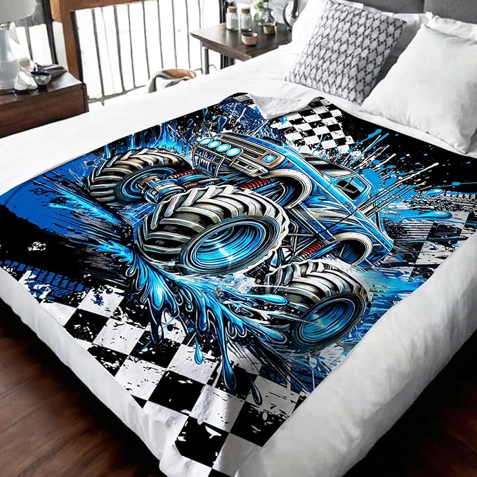 Boys Blanket Gifts Truck Blankets for Kids Teens Adults - 60" x 80" Cool Car Themed Soft Lightweight Flannel Throws for Couch, Sofa, Bed, Bedroom Decor (Blue)
