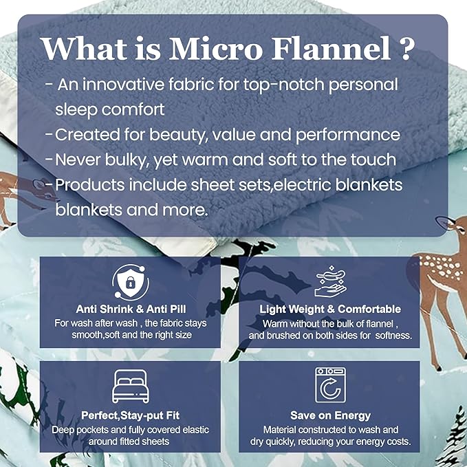 Thermee Micro Flannel Heated Blanket with Sherpa Back, 10-Setting Programmable Electric Blanket, Ultra-Soft Heated Throw - Queen Size, Winter Landscapes