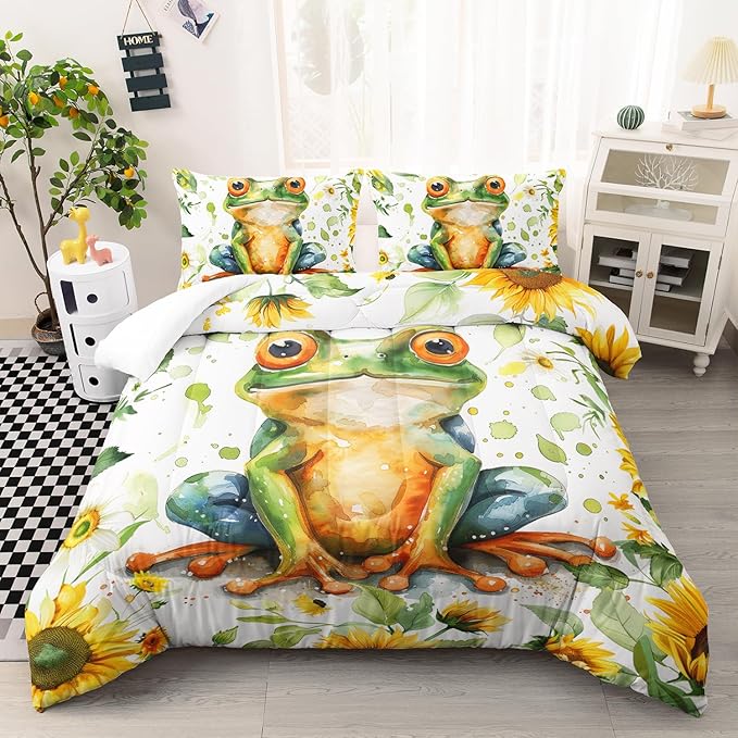 Cartoon Green Wild Frog Comforter 3Pcs Yellow Sunflower Bedding Full Tropical Amphibian Animal Quilt Set for Kid Teen Girl Boy Adult Botanical Leaf Bed Decor with 1 Comforter and 2 Pillowcases