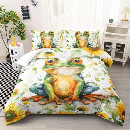 Cartoon Green Wild Frog Comforter 3Pcs Yellow Sunflower Bedding Full Tropical Amphibian Animal Quilt Set for Kid Teen Girl Boy Adult Botanical Leaf Bed Decor with 1 Comforter and 2 Pillowcases