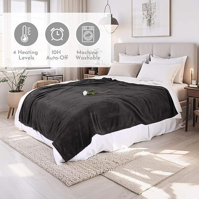 Electric Heated Blanket 90"x100" King Size Microplush Cover Blanket, 4 Heat Settings & 10 Hours Auto Off, Cozy & Warm for All Night, Machine Washable, Iron Grey