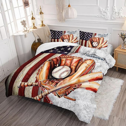 Kids Comforter Set American Flag Baseball Printed Pattern Bedding Set with 1 Comforter and 2 Pillowcases for Girls Boys Bedroom All Season(C-American Flag Baseball02 Twin)