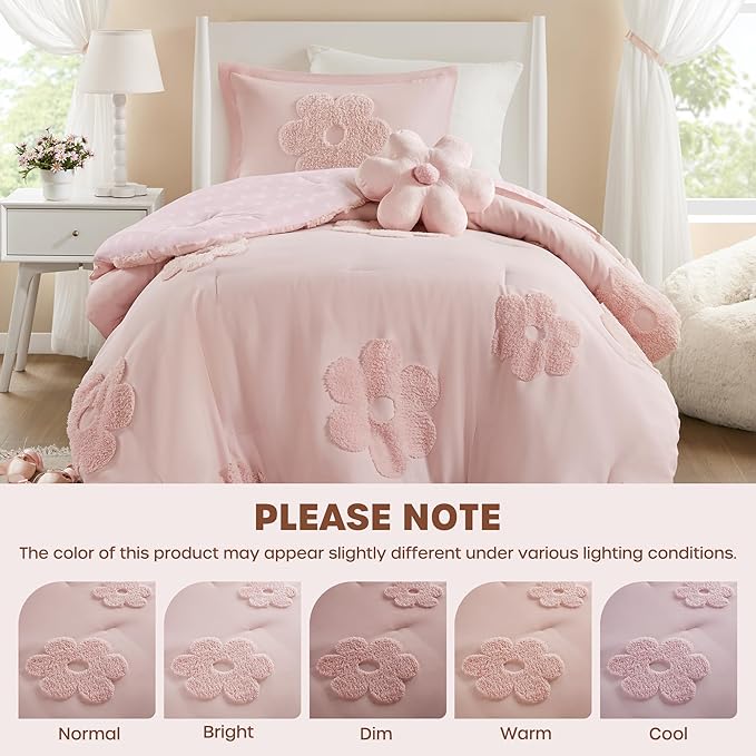 Intelligent Design Kids Twin Comforter Set for Girls, Tufted Chenille Floral Comforter Set Twin, Lightweight Polka Dot Comforter Reversible Bed Set, Sham, Pillow, Gracie, Twin Pink 3 Piece