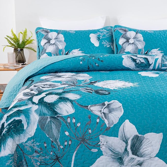 Floral Quilt Set Queen 3 Pieces Teal Blue Floral Quilt Coverlet Set Soft Microfiber Lightweight Teal Blue Quilted Bedspread for All Season 90"x96"