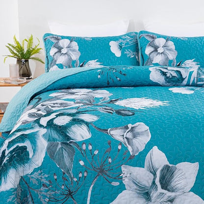 Floral Quilt Set Queen 3 Pieces Teal Blue Floral Quilt Coverlet Set Soft Microfiber Lightweight Teal Blue Quilted Bedspread for All Season 90"x96"
