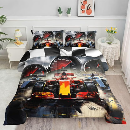 Racing Theme Comforter Set Racing car Extreme Sports Competition Quilt Sets with 1 Comforter and 2 Pillowcases for Kids Boys Bedroom All Season（Race Car-2 Twin）