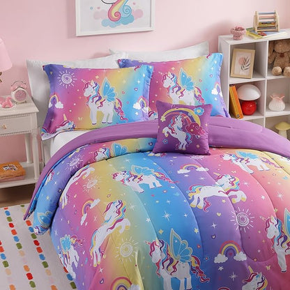 Twin Comforter Set for Girls-3 Pieces Rainbow Unicorn Twin Bedding Sets for Kids,1 Comforter,1 Sham and 1 Decor Pillow