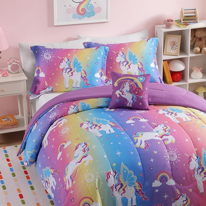 Full Size Comforter Set for Girls-4 Pieces Rainbow Unicorn Full Bedding Sets for Kids, 1 Comforter, 2 Shams and 1 Decor Pillow