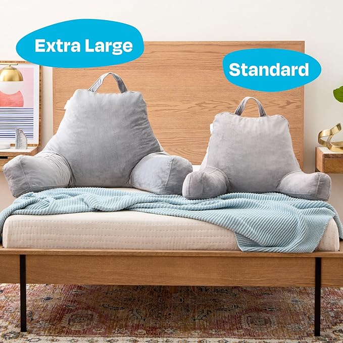 Linenspa Reading Pillow with Shredded Memory Foam- X-Large Size - Back Pillow for Sitting in Bed, Reading, Gaming, Watching TV – Bed Chair with Arms, Dorm Room Essentials, Stone