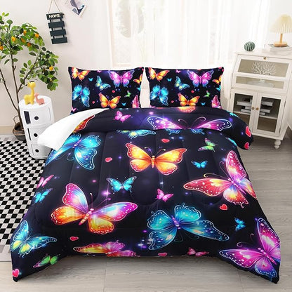 Colorful Gradient Butterfly Comforter 3Pcs Full Tie-Dye Heart Pattern Bedding Set for Kid Teen Girl Boy Adult Sparkling Aesthetics Butterfly Quilt Bed Decor with 1 Comforter and 2 Pillowcases