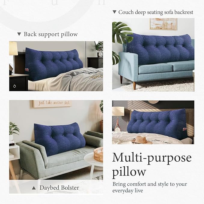 Headboard Pillow Wedge Twin Size Large Bolster Pillow for Bed Triangle Reading Pillow Back Support Pillow for Sitting Up in Bed XXL Couch Daybed Rest Backrest Cushion Linen Blue