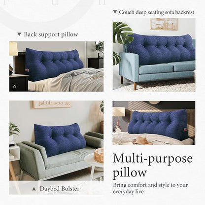 Headboard Pillow Wedge Queen Size Large Bolster for Bed Triangle Reading Back Support Sitting Up in XXL Couch Daybed Rest Backrest Cushion Linen Blue, Queen: 59x20x8 ''