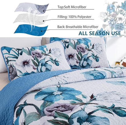 Floral Quilt Set King 3 Pieces Boho Blue Floral Quilt Coverlet Set Soft Microfiber Lightweight Blue Quilted Bedspread for All Season 104"x90"