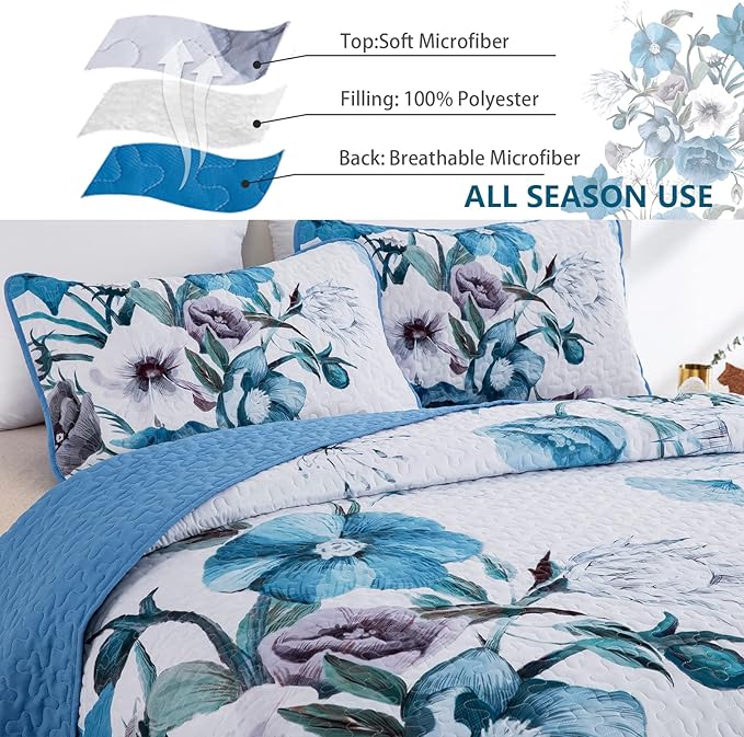 Floral Quilt Set Queen 3 Pieces Boho Blue Floral Quilt Coverlet Set Soft Microfiber Lightweight Blue Quilted Bedspread for All Season 90"x96"