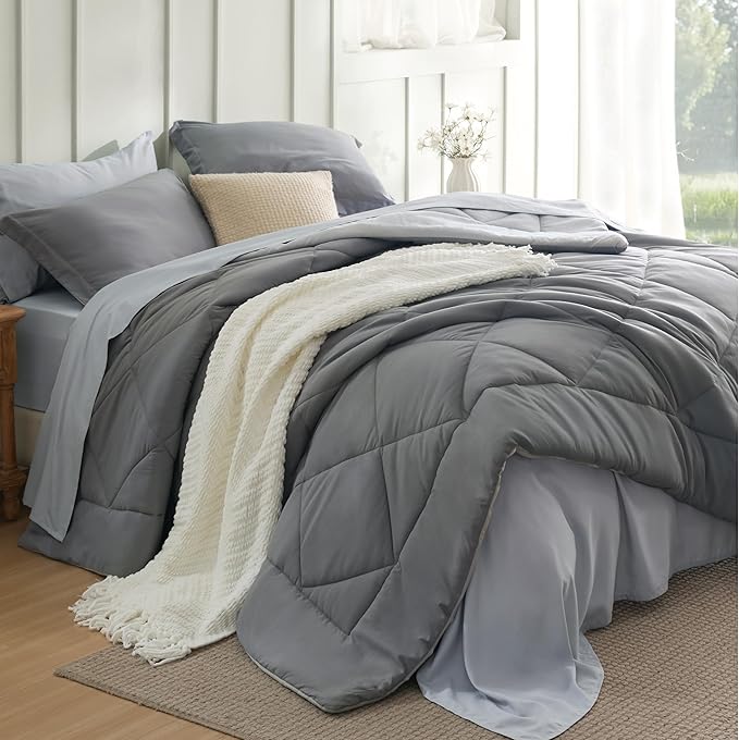 Bedsure California King Comforter Set - 7 Pieces Reversible Grey Bedding, Cal King Size Bed Set for All Seasons, Bed in a Bag with Down Alternative Comforter, Sheets, Pillowcases & Shams