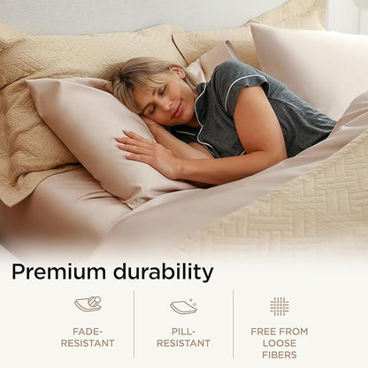 Threadmill Supima Cotton Sheets, 1000 Thread Count Soft 100% Cotton Sheets for Cal King Size Bed, 4 Pc Beige Cal King Bed Sheet Set, 5-Star Hotel Quality, Elasticized Deep Pocket Cal King Sheet
