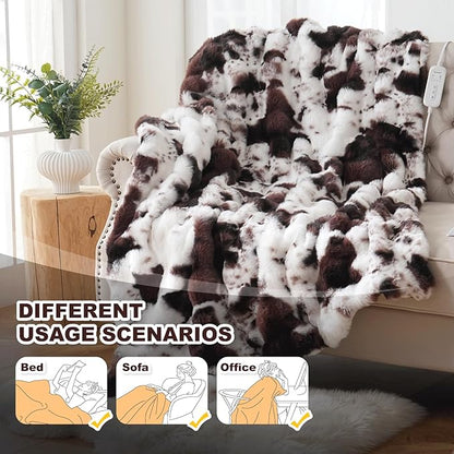 Cow Print Heating Throw Blankets Luxurious Western Soft Bubble Faux Rabbit Fur 8 Heat Settings Overheat Protection Quick Heating Electric Heated Blanket 50"x60"(Brown)