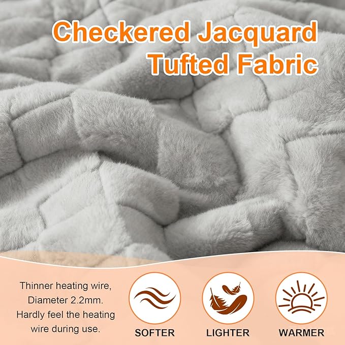 Electric Heated Blanket Full Size - Jacquard Checkered Sherpa 72"x84" Fast Heating Bed Blankets with 6 Heating Levels & 10 Hours Auto Off, Over-Heat Protection ETL, Light Gray