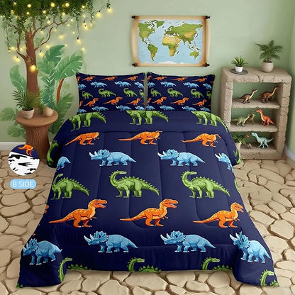 Cartoon Dinosaur Bedding Set Full, Dark Blue Dinosaur Comforter Set for Kids Dinosaurs Print Comforter Boys Girls Jungle Dino Duvet Set Breathable Bedroom Decor with 2 Pillow Case
