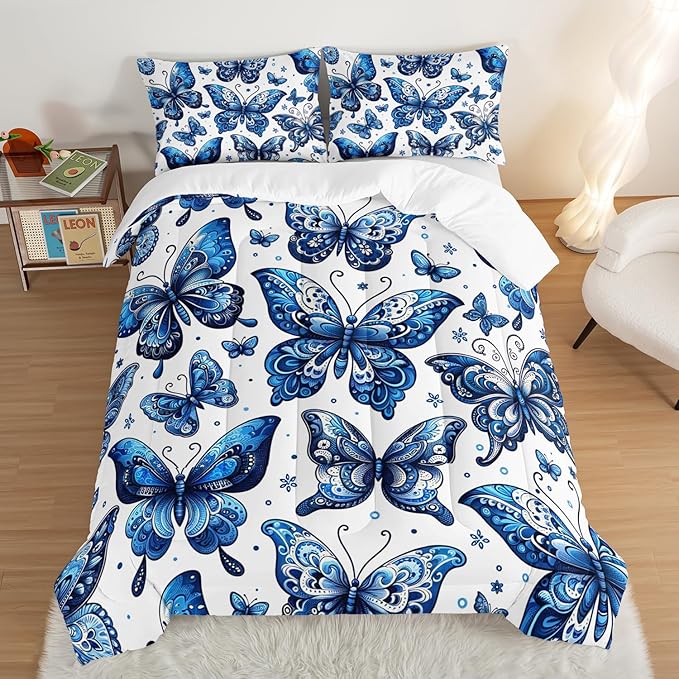 Blue Butterfly Comforter Bedding Set Full Size,Bohemian Style Blue Series Bedding for Kids Girls Boys,Insect Themed Children's Bedding Soft Fluffy Comforter Sets with 2 Pillowcases.