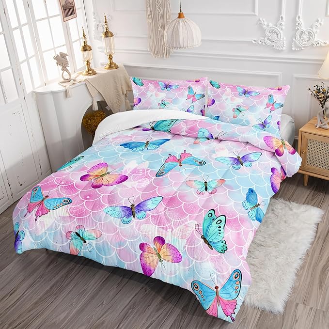 Rainbow Butterfly Comforter Set Full Size for Girls Kids Adults Mermaid Scales Pattern Bedding Set Aesthetics Butterflies Quilt Bed Set with 1 Comforter and 2 Pillowcases