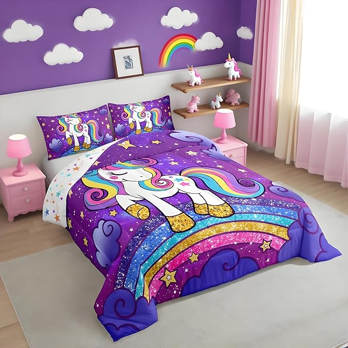 Feelyou Unicorn Bedding King Bed Sets for Girls Purple Cute Unicorn Comforter for Girls Comforter Set Star Print Kawaii Duvet Quilt Bedroom Decor Rainbow Bedding Cartoon Quilt,All Season