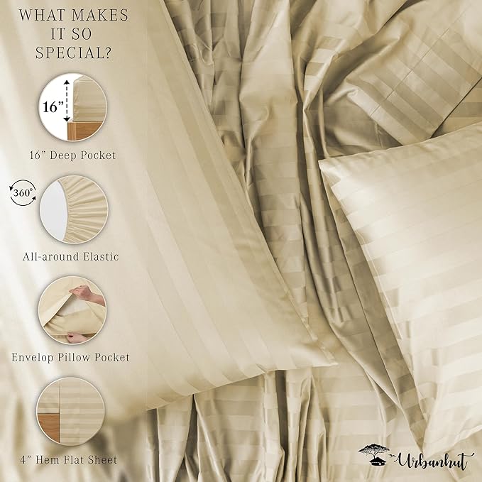 URBANHUT 1000 Thread Count Damask Striped Full Size Egyptian Cotton Sheets, Long Staple Soft & Breathable, 4 Pc Bed Sheet Sets, Luxury Hotel Sateen Sheets Fits 16" Deep Pocket - Sand