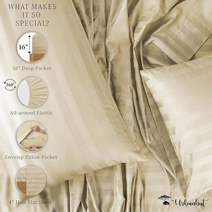URBANHUT 1000 Thread Count Damask Striped Full Size Egyptian Cotton Sheets, Long Staple Soft & Breathable, 4 Pc Bed Sheet Sets, Luxury Hotel Sateen Sheets Fits 16" Deep Pocket - Sand