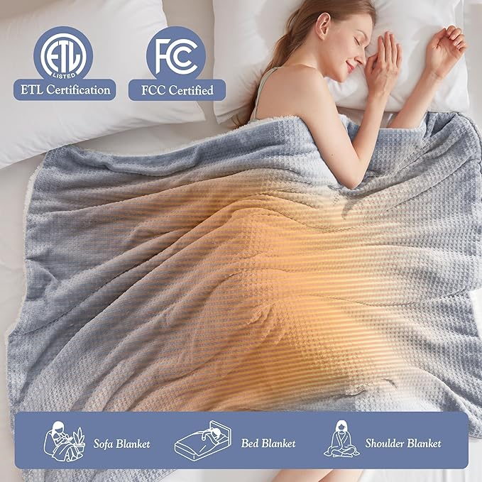 Cozy Heated Blanket Waffle Throw Size - Fast Warming Electric Throw Blanket with 6 Heat Settings & 4 Hours Auto-Off, Ideal Gift for Her, 50"x60", Smoky Blue