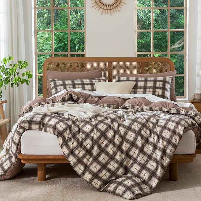 Duvet Cover Queen Plaid Luxury Soft Brushed Microfiber Crinkle Gauze Fabric 3 Pieces Bedding Set Gingham Pattern Queen Duvet Cover with Zipper Closure Breathable Comfy