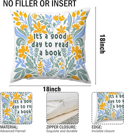 It's A Good Day to Read A Book Classroom Decorative Throw Pillow Covers, Floral Blue Reading Pillows Covers for Kids, Flower Pillow Cases Decor for Library Reading Nook Corner Couch 18x18in