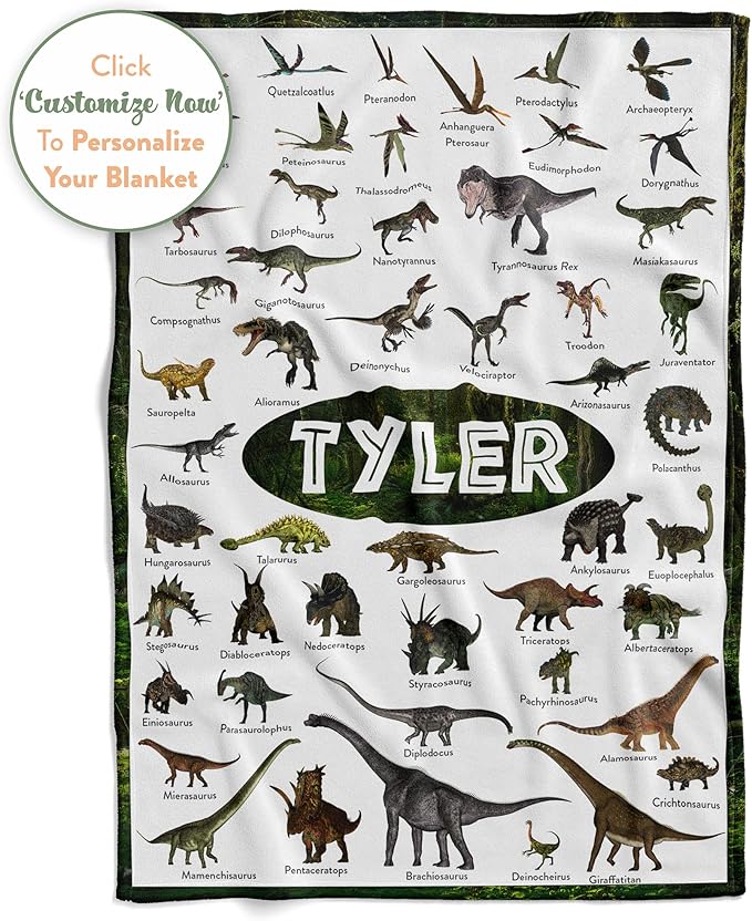 Personalized Dinosaur Blanket for Kids, Ships Next Day - Dino Throw Blanket for Boys and Girls, Toddler Bed, Room & Bedroom Decor - Educational Blankets for Children - USA Based (30x40, Fleece)