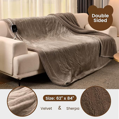 Bearhug Electric Blanket Twin Size 62" x 84", Velvet & Sherpa Heated Blanket, 5-Year Warranty, 10 Heating Levels & 1-12H Auto Off, Over-Heat Protect, ETL Certification, Machine Washable
