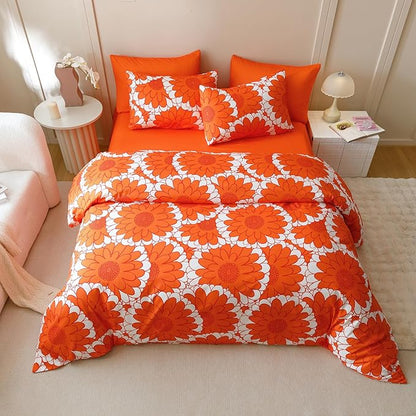 Wellboo Red Sunflower Comforter Sets Twin Boho Orange Floral Bedding Set Cotton Women Girls White and Red Botanical Quilt Summer Floral Comforter Large Flower Plant Blankets Garden Bohemian Bed